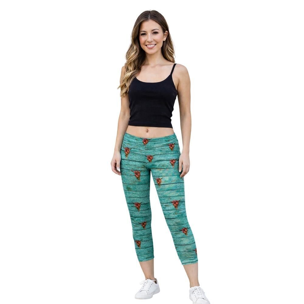 GOLDSHEEP Women's Low Rise Cropped Western Inspired Leggings Green Extra Small